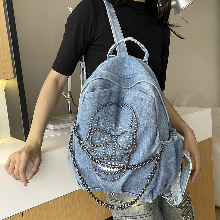 Edgy Skull Design Denim Backpack