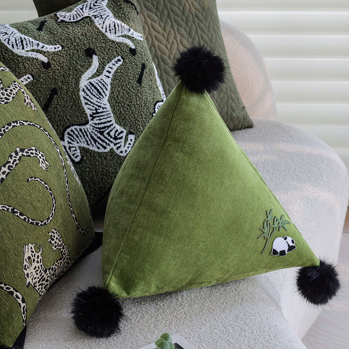 Triangular Decorative Back Cushion with Panda Embroidery and Fluffy Pom Poms Bowlift