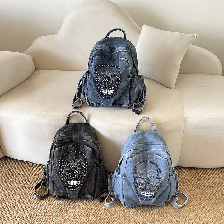 Edgy Skull Design Denim Backpack