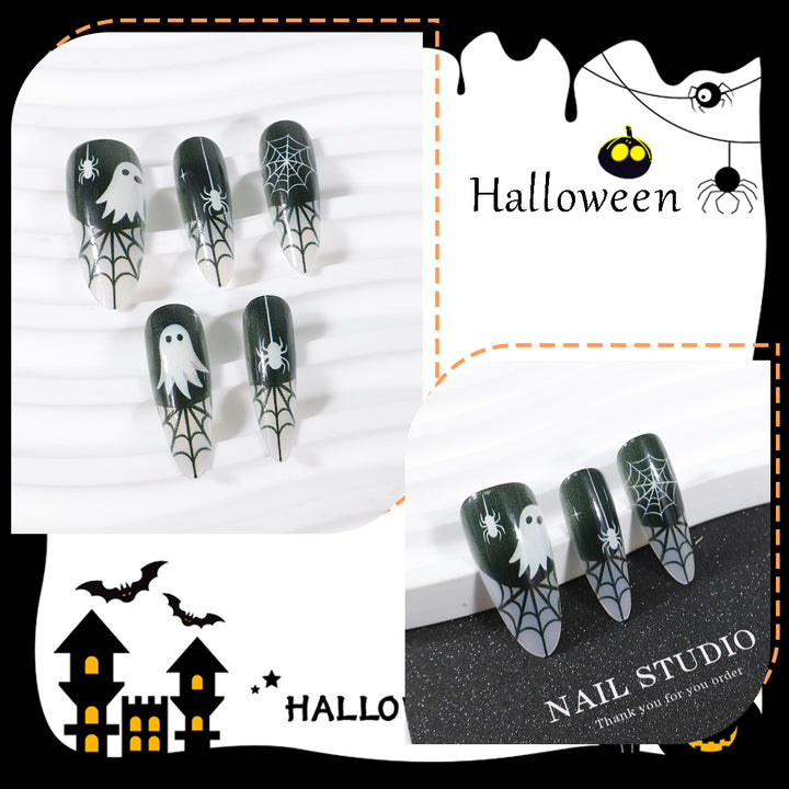 Halloween Artificial Nail Set with Ghost and Spider Web Design Bowlift