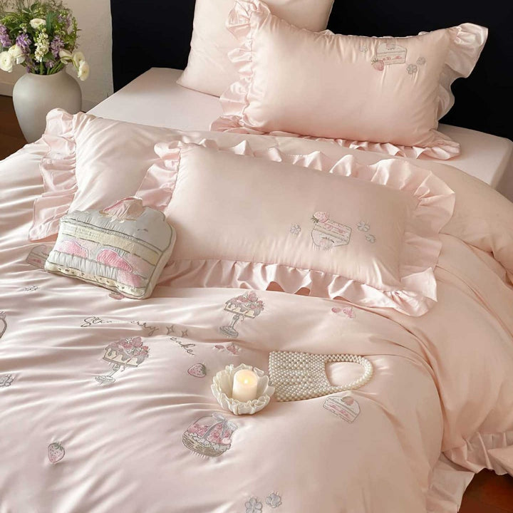 Romantic Ruffled Embroidered Satin Duvet Cover Set