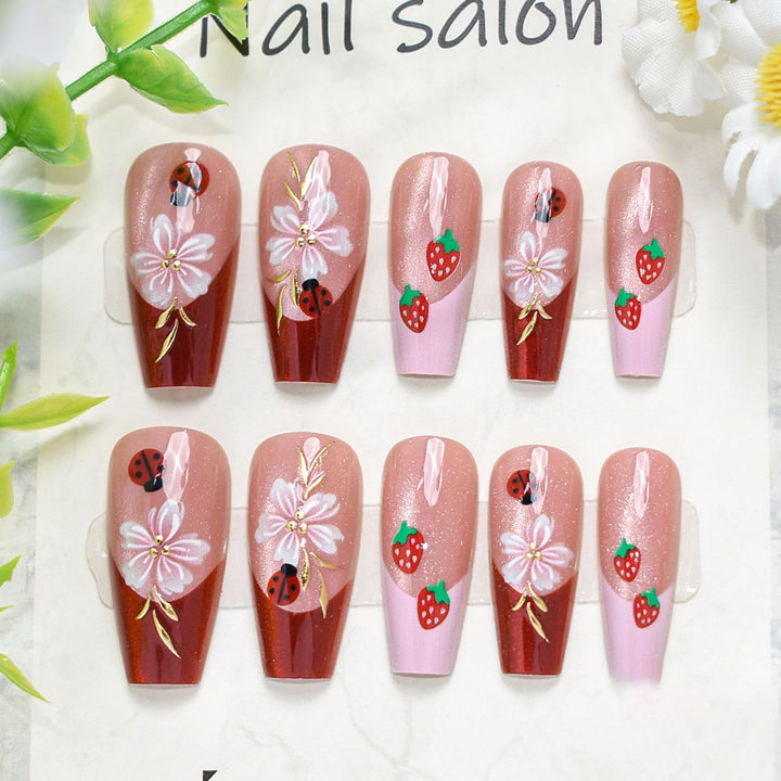 Artistic Press-On Nail Set with Cherry Blossom Design Bowlift