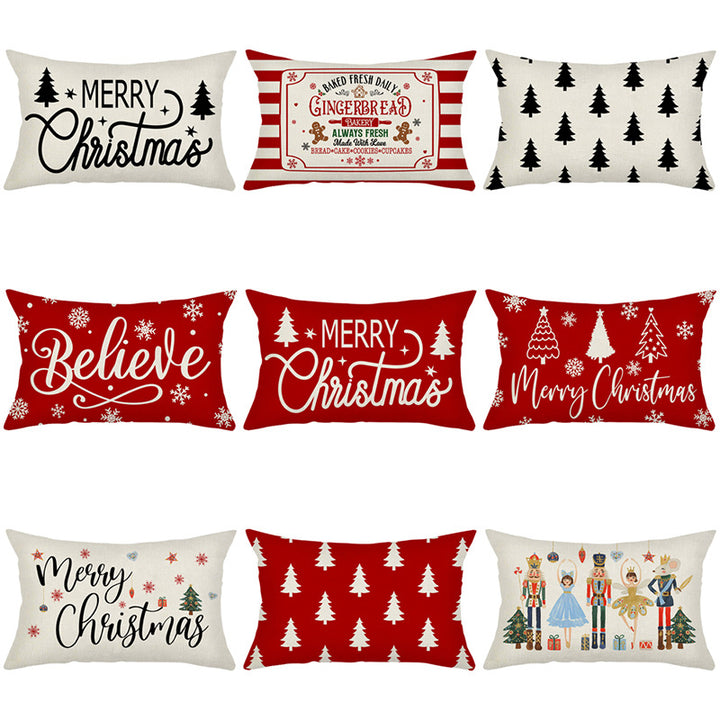 Rectangular Linen-Texture Holiday Throw Pillow Cover with Merry Christmas Script and Tree & Snowflake Motif