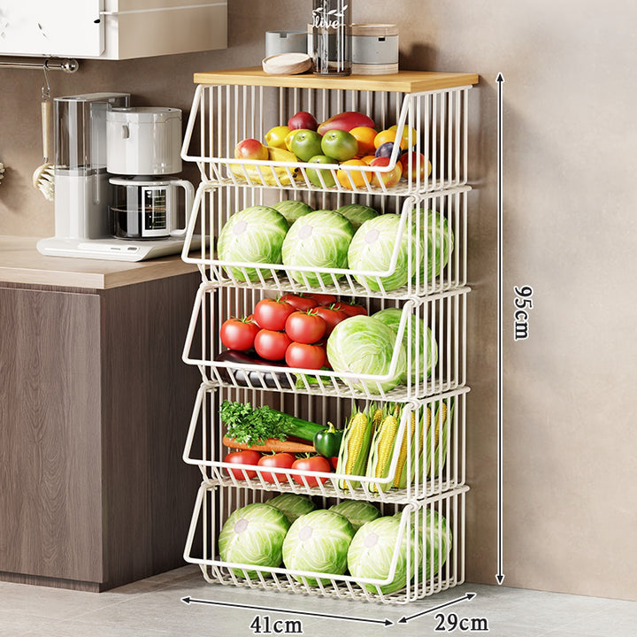 Slim Rolling Kitchen Wire Basket Pantry Organizer with Wooden Top