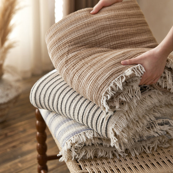 Striped cotton daybed cover with fringed hem