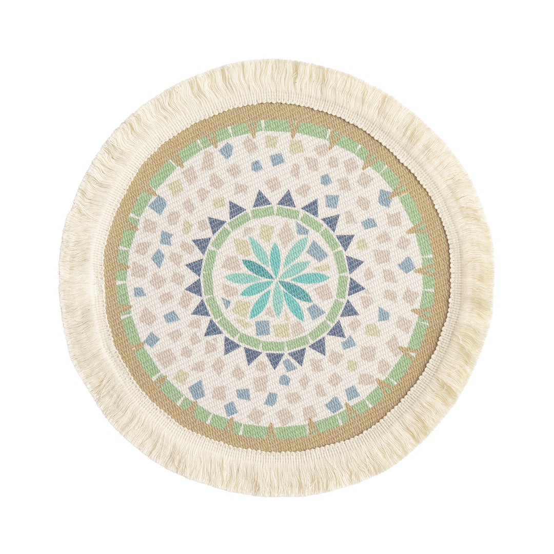 Round handmade woven decorative rug with fringes and botanical pattern Bowlift
