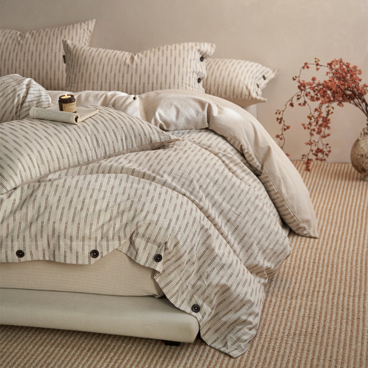 Breathable Linen-Cotton Striped Duvet Cover Set with Button Closures