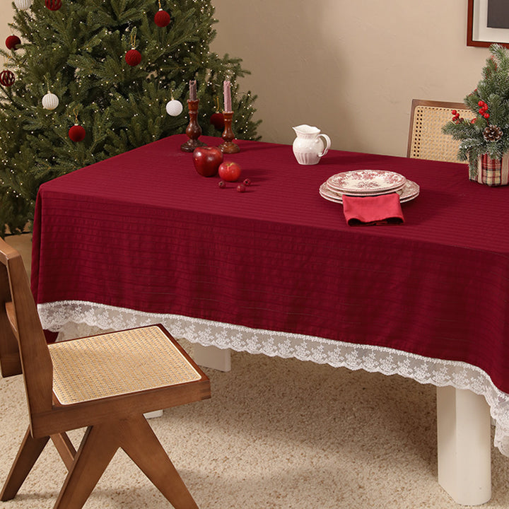Rectangular festive tablecloth with lace border and fine waffle texture Bowlift
