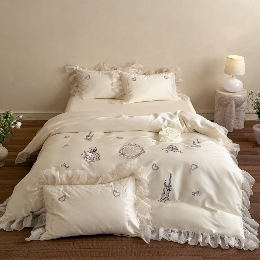 Luxury Ruffled Embroidered Cotton Duvet Cover Set