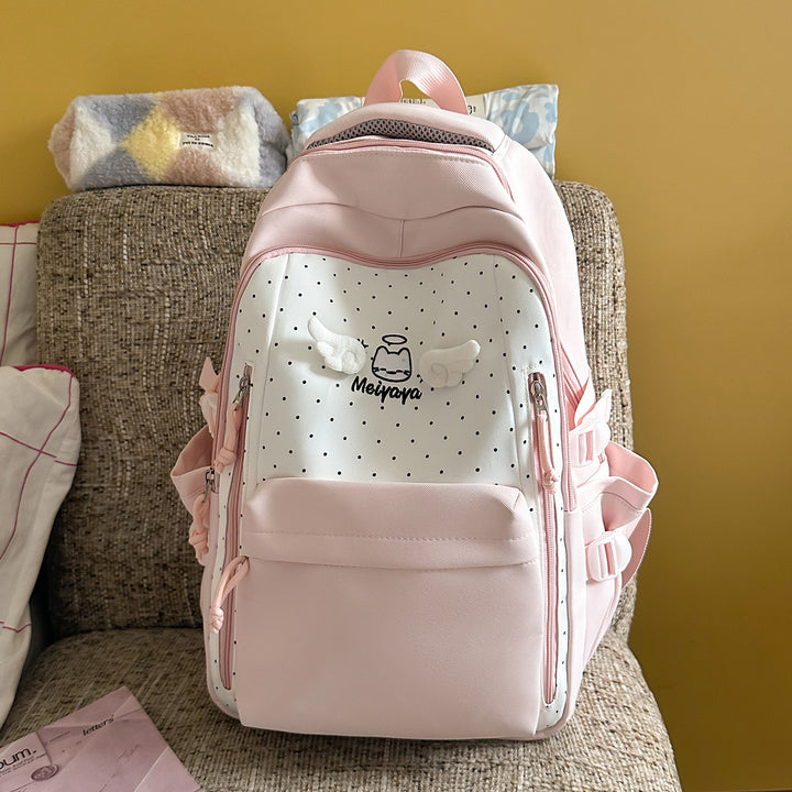 Stylish Dot-Printed Backpack with Decorative Accents Bowlift