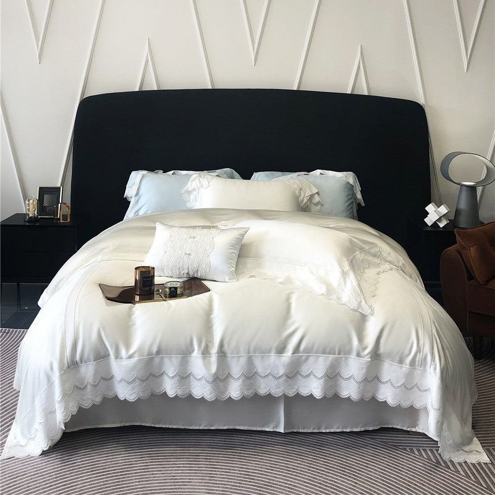 Luxurious satin bedding set with fine lace trim