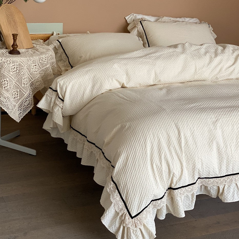 Textured Cotton Ruffled Lace-Trim Duvet Cover Set
