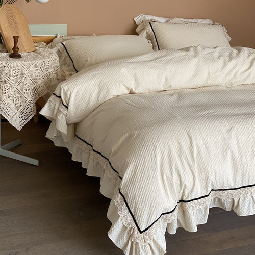 Textured Cotton Ruffled Lace-Trim Duvet Cover Set