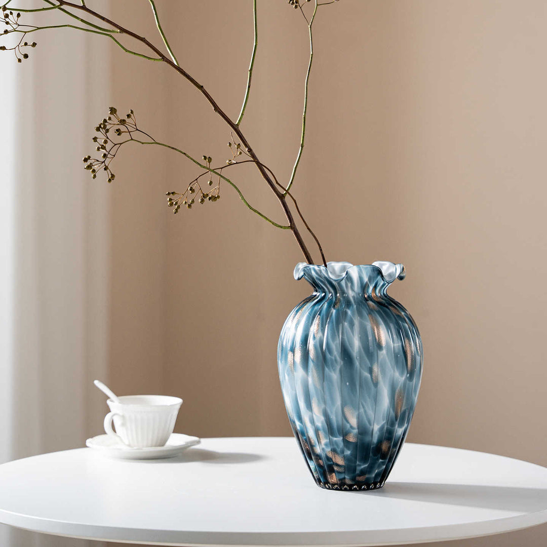 Handblown Sculptural Rippled Bulb Vase with Ruffled Neck Bowlift