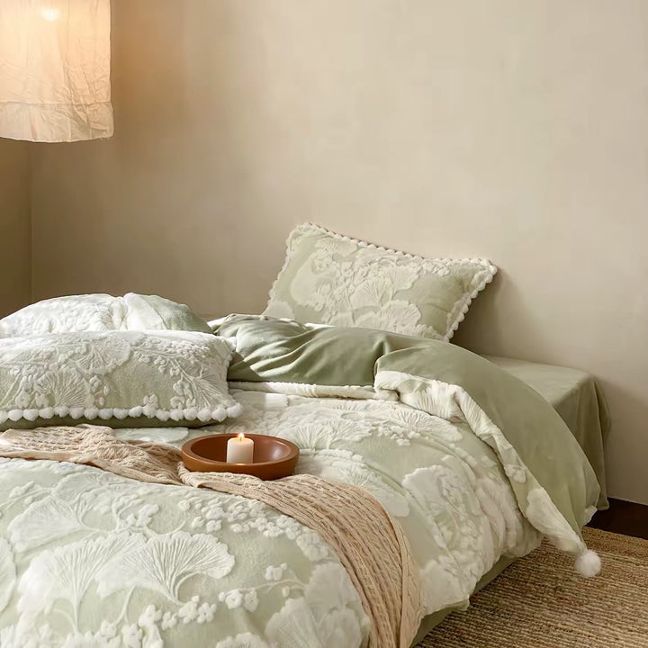 Tufted Chenille Floral Duvet Cover Set with Pom-Pom Trim