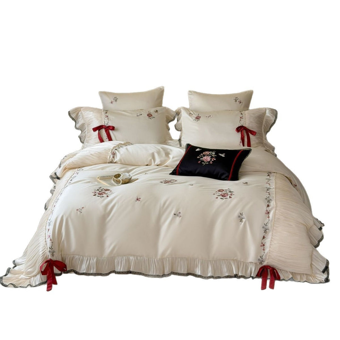 Satin-Effect Floral Embroidered Ruffled Duvet Cover Set