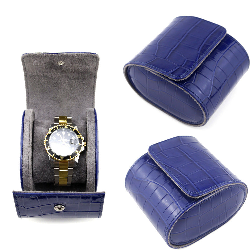 Leather Travel Watch Roll with Crocodile Embossed Exterior Bowlift