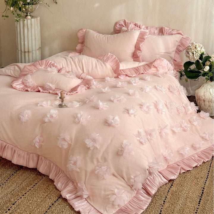 Ruffled Floral Appliqué Cotton Sateen Duvet Cover Set