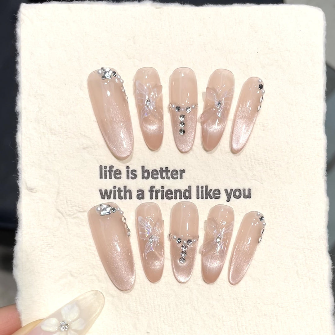 Elegant Decorative Press-On Nail Set with Floral and Gem Accents