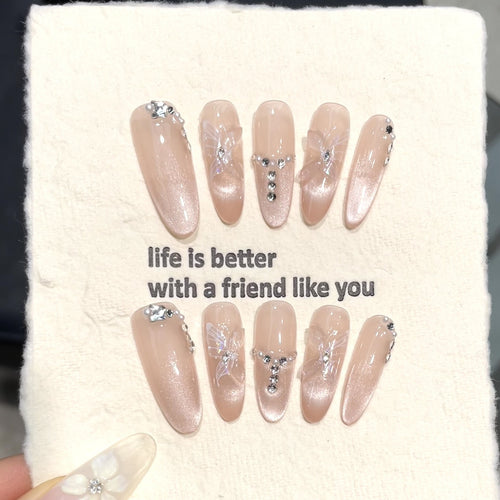 Elegant Decorative Press-On Nail Set with Floral and Gem Accents