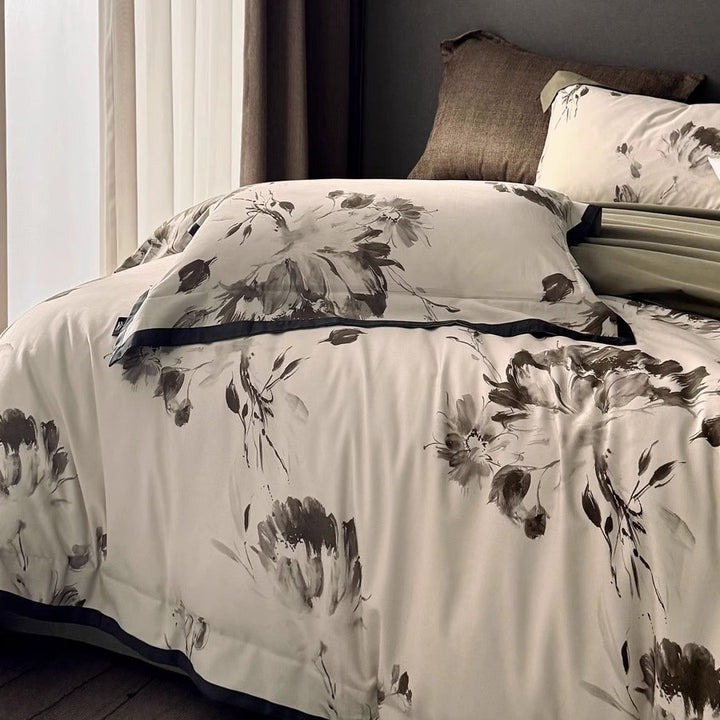 Floral Print Cotton Sateen Duvet Cover Set with Reversible Back and Piped Edging