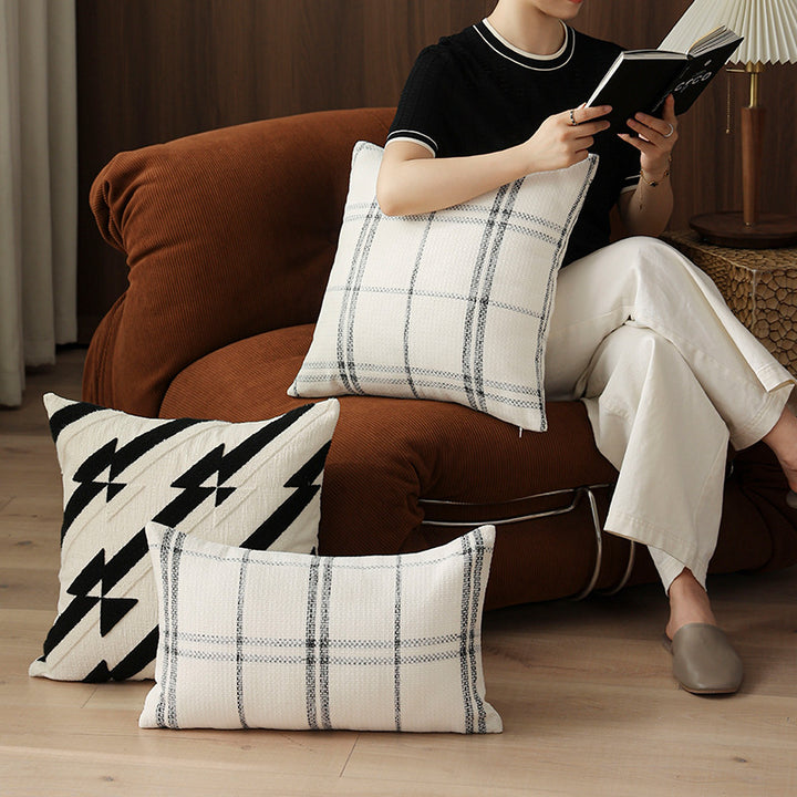Rectangular woven cushion cover with checkered texture pattern and concealed zipper Bowlift