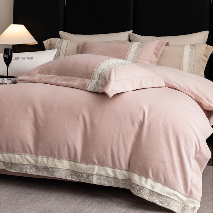Soft Brushed Cotton-Linen Duvet Cover Set with Satin-Lined Lace Border
