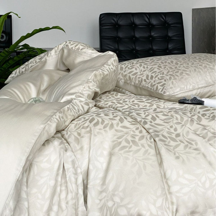 Satin bedding set with subtle leopard jacquard texture and silky feel