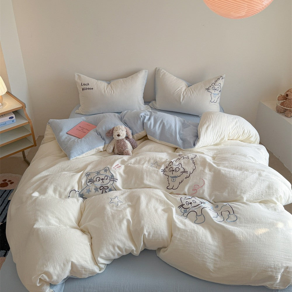 Cozy Cartoon-Embroidered Plush Down-Alternative Duvet Comforter