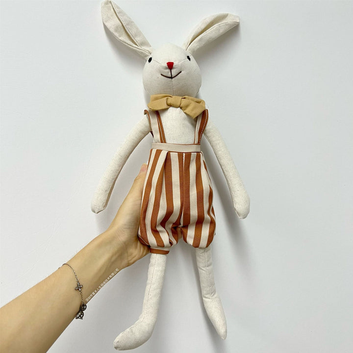 Handcrafted Linen Elephant Plush Doll with Striped Ruffle Collar and Soft Romper