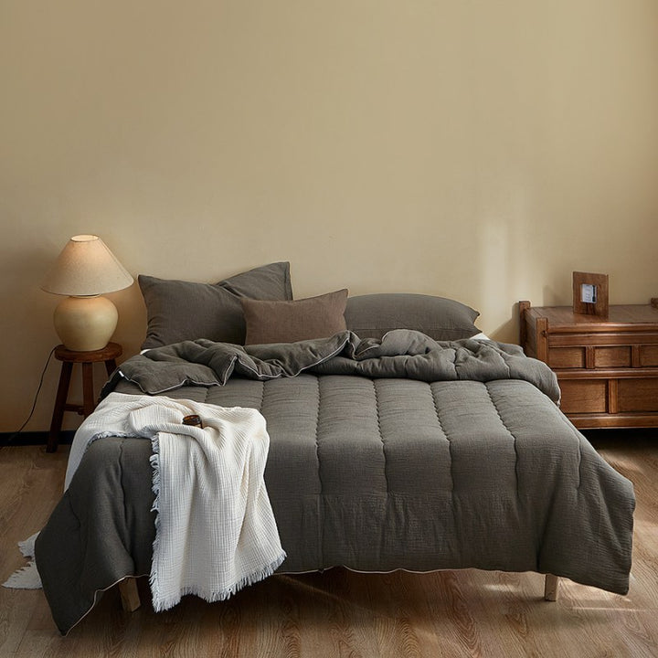 Quilted Washed-Linen Feel Reversible Comforter Set with Textured Channel Stitching