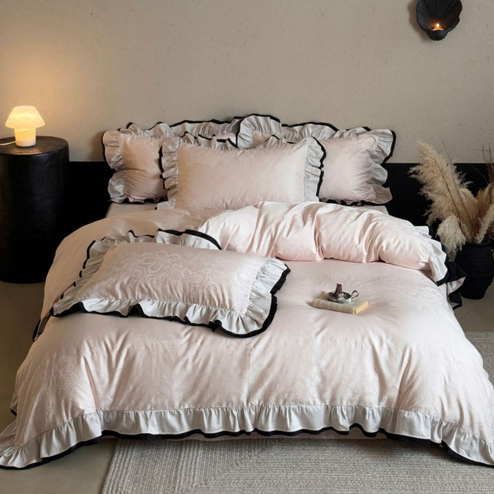 Contrast-Trim Ruffled Jacquard Duvet Cover Set