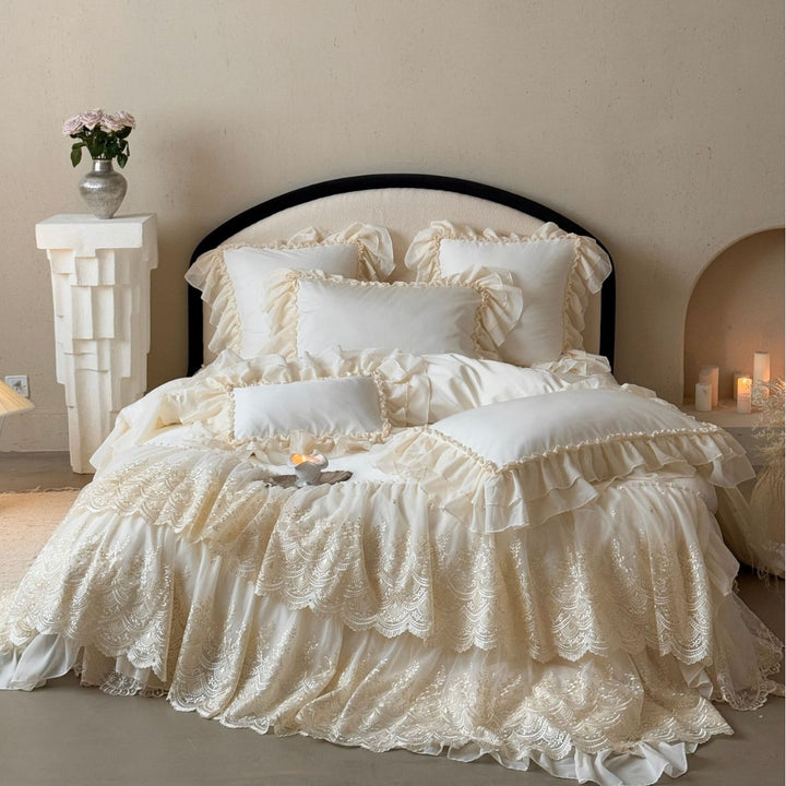 Luxurious bedding set with lace ruffles and frills