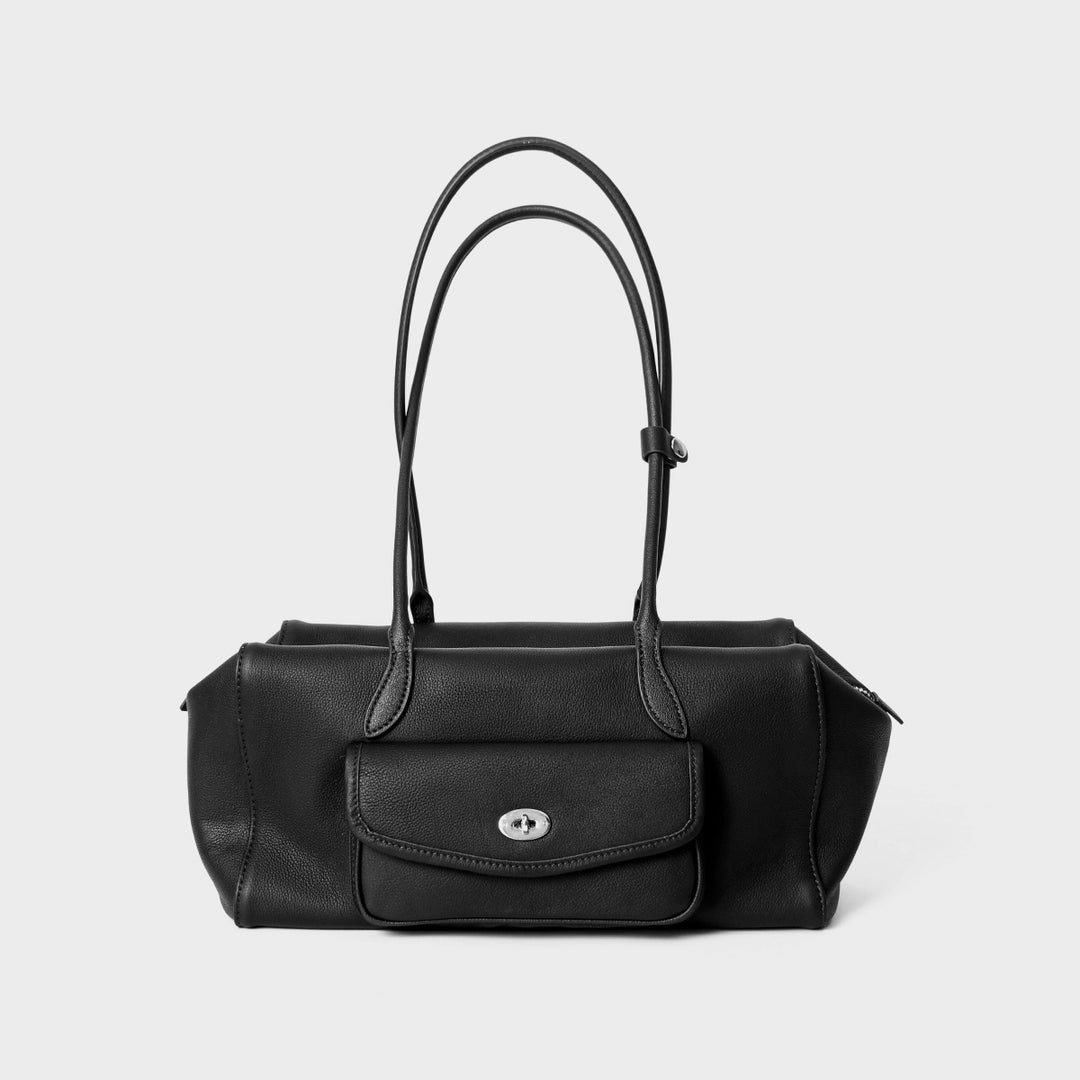 Structured Barrel Tote with Front Turn-Lock Pocket and Double Shoulder Straps