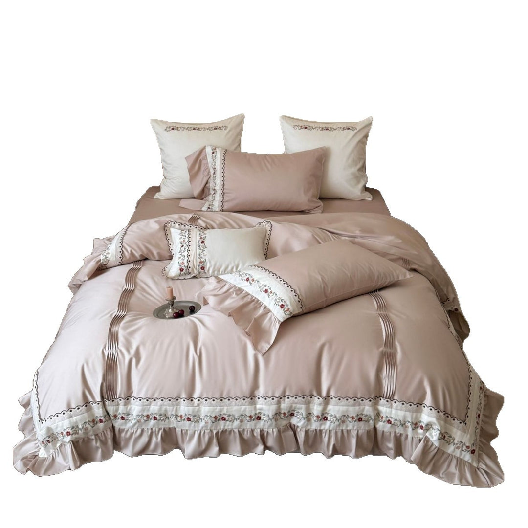 Luxury Embroidered Ruffled Satin Duvet Cover Set