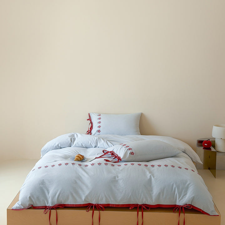 Embroidered Cotton Duvet Cover Set with Decorative Tie Bows