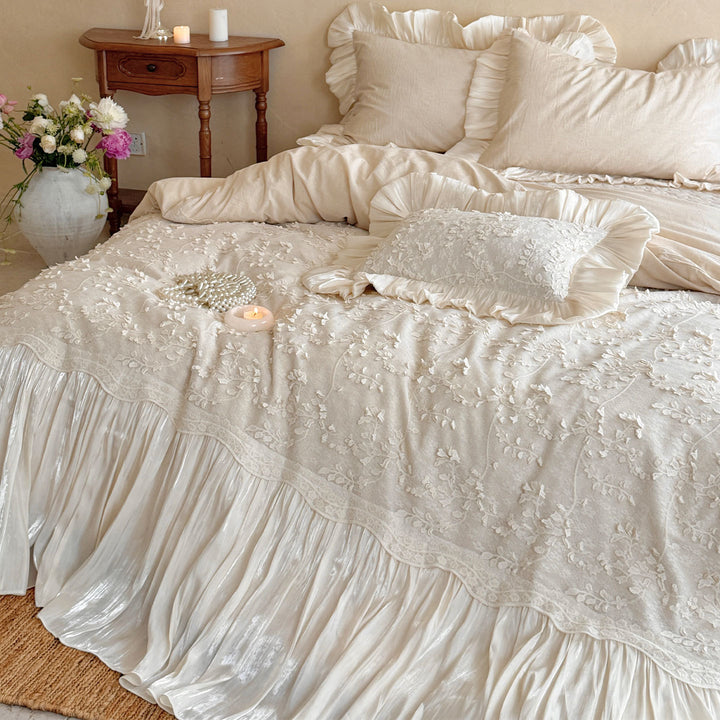 Ruffled Floral Embroidered Linen Duvet Cover Set