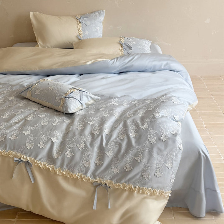 Butterfly-Embroidered Cotton Sateen Ruffled Duvet Cover Set