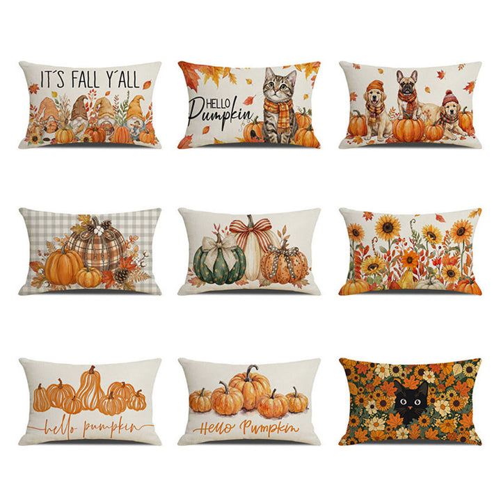 Rectangular Autumn Gnome Pumpkin Linen-Blend Lumbar Pillow Cover