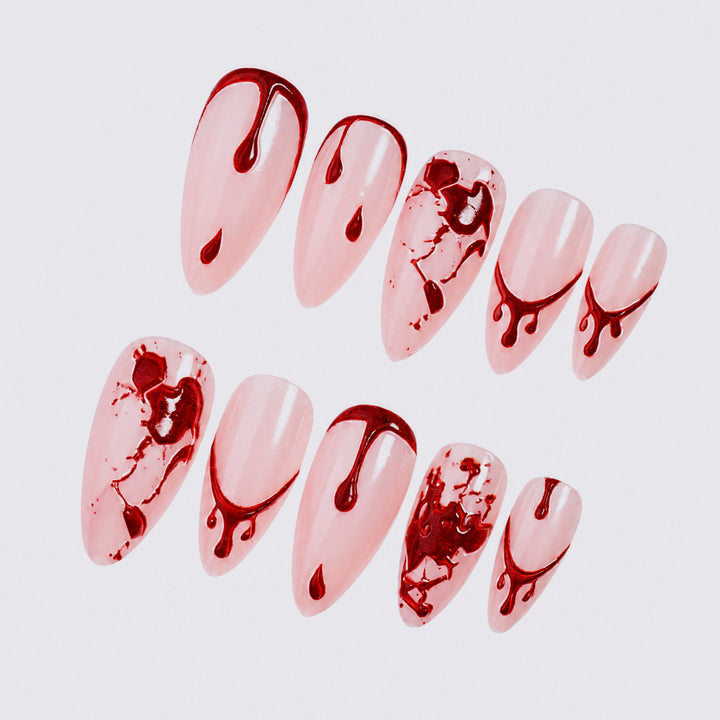 Artistic Press-On Nail Set with Blood Drip and Marble Design Bowlift