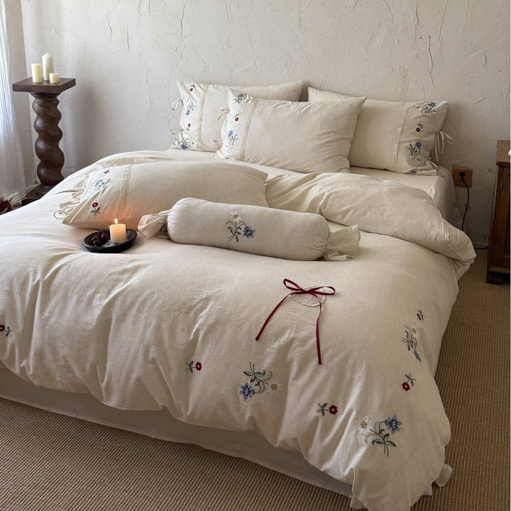 Embroidered Cotton-Linen Blend Duvet Cover Set with Bow-Tie Closures