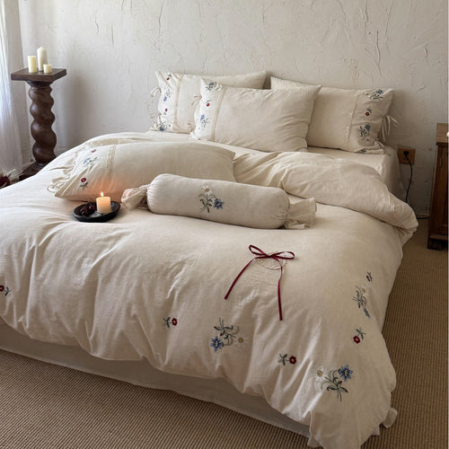 Embroidered Cotton-Linen Blend Duvet Cover Set with Bow-Tie Closures