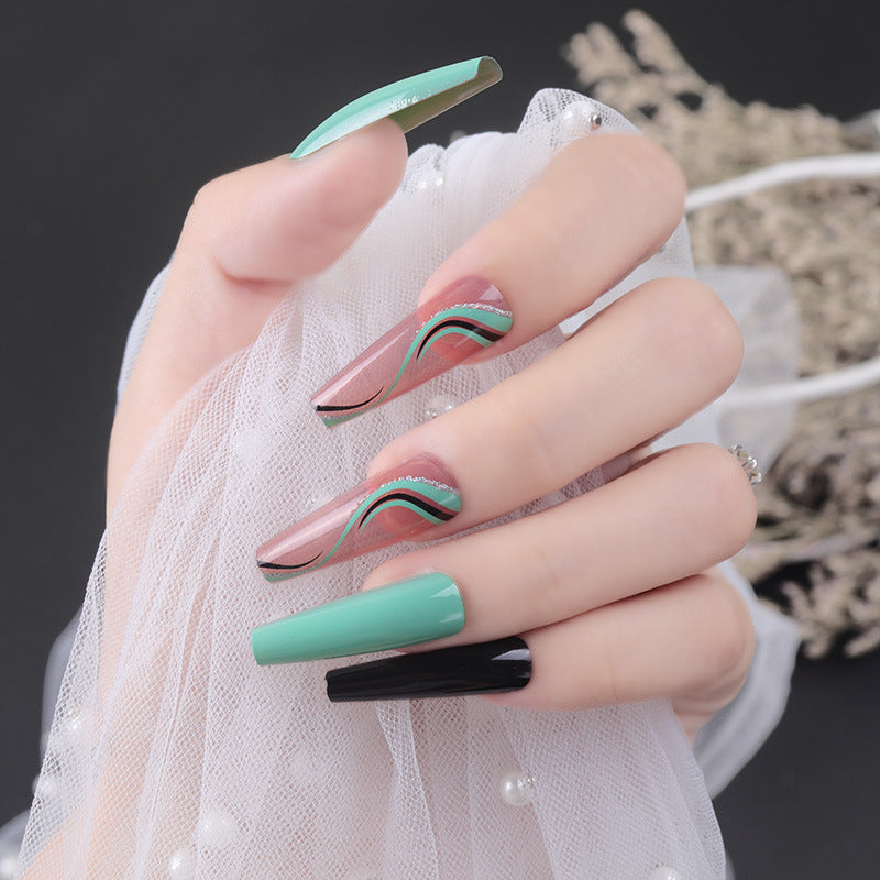Artistic Press-On Nail Set with Geometric Wave Design Bowlift