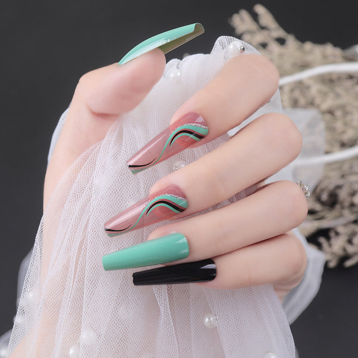Artistic Press-On Nail Set with Geometric Wave Design Bowlift