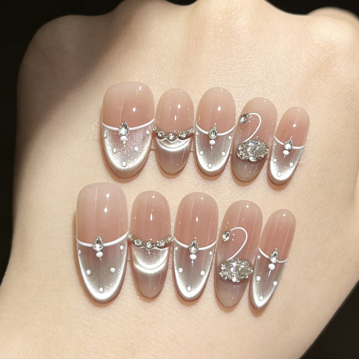 Decorative Press-On Nails with Elegant Swan and Gemstone Accents Bowlift