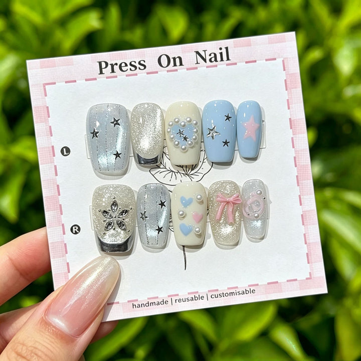 Elegantly Crafted Decorative Press-On Nail Art Set with Gem Accents