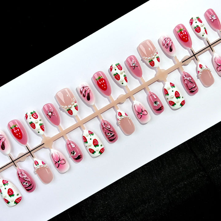 Decorative Strawberry-Themed Press-On Nail Art Set