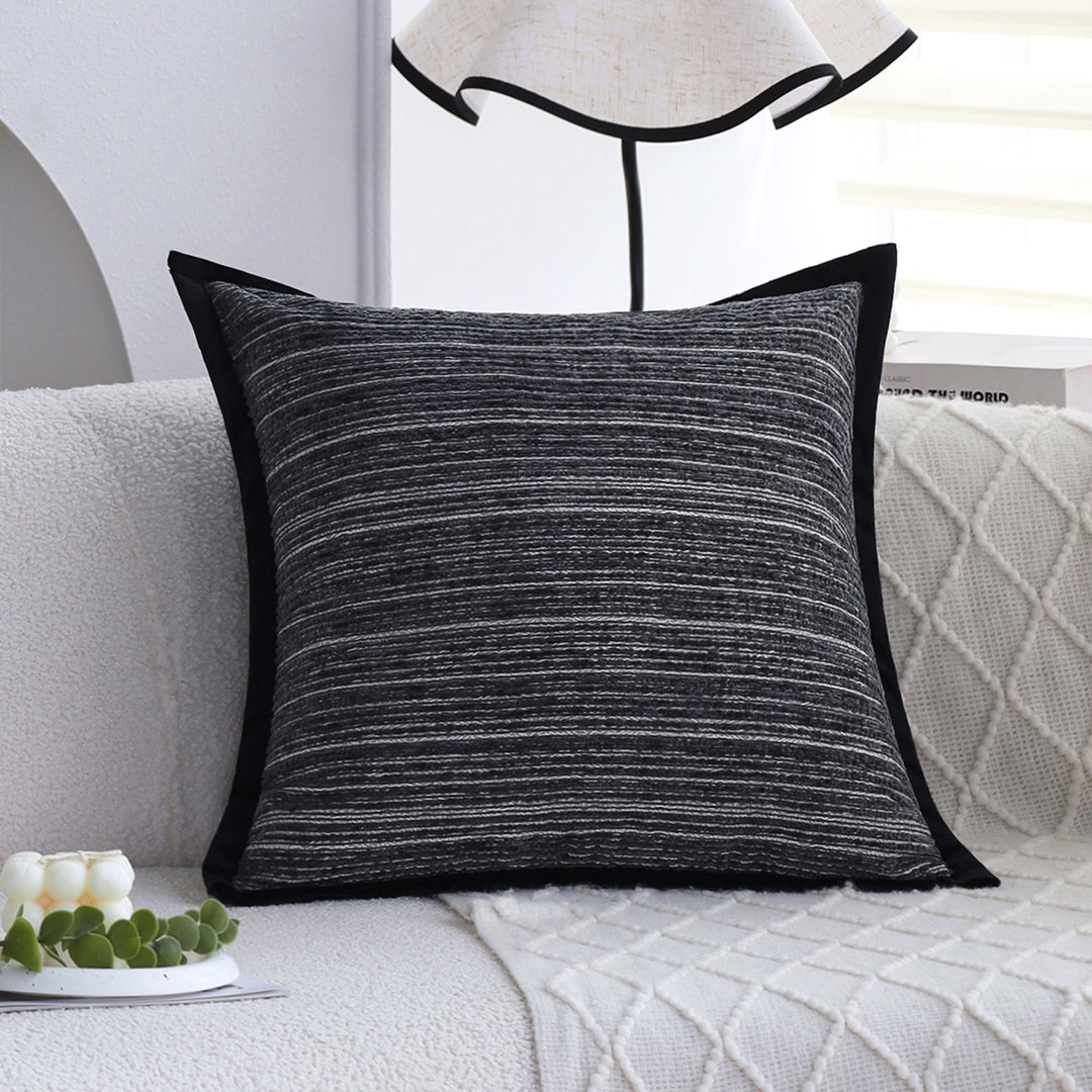 Rectangular linen look lumbar pillowcase with fine striped texture and tassels Bowlift