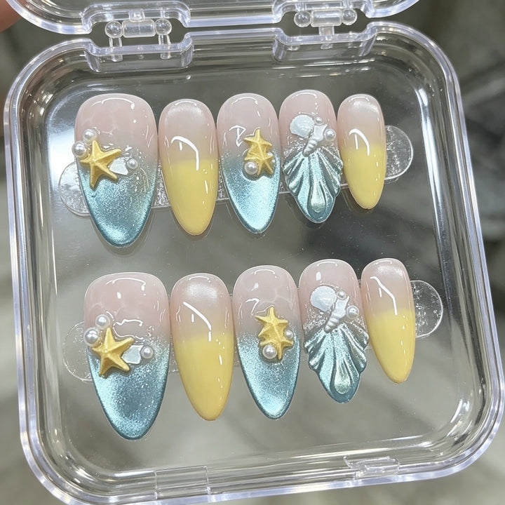 Decorative Press-On Nail Set with Ocean-Inspired Designs Bowlift
