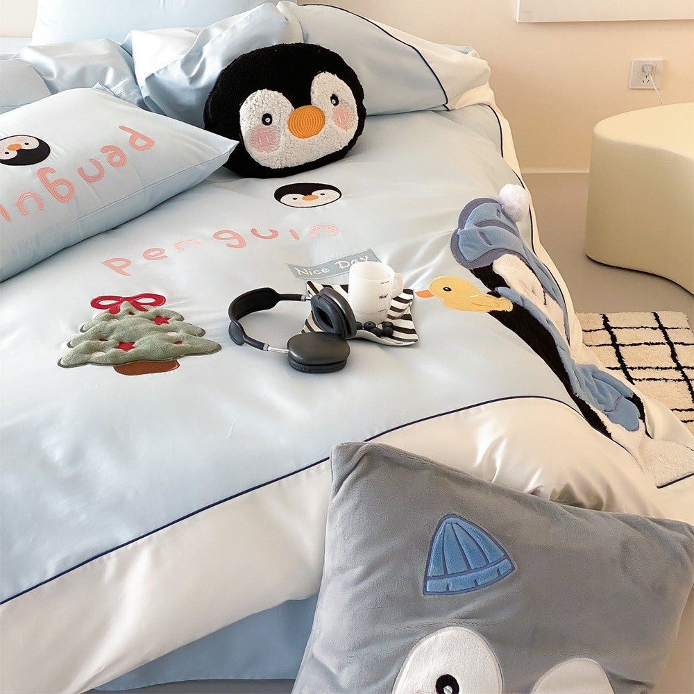 Children's bedding set with embroidered three-dimensional penguin applications and soft cotton satin